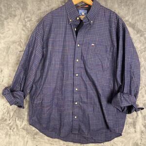Texas Cotton button shirt M/L Blue Plaid Extra Long Tail Western And Preppy